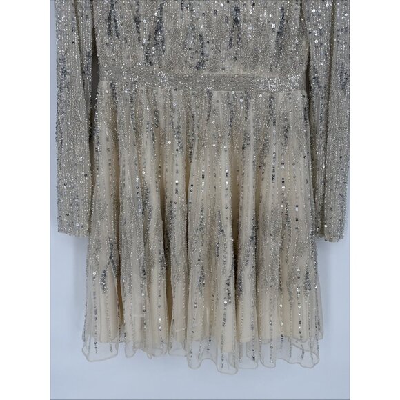 Mac Duggal Size 8 5923 Nude Silver Long Sleeve Embellished Cocktail Dress $498 - Picture 12 of 16